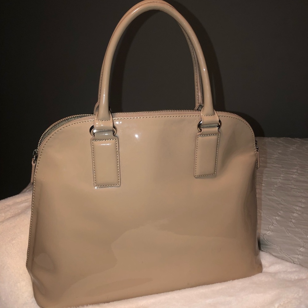 Nude / Tan Patent Leather Purse from Express (with Shoulder Strap) Dome Shape